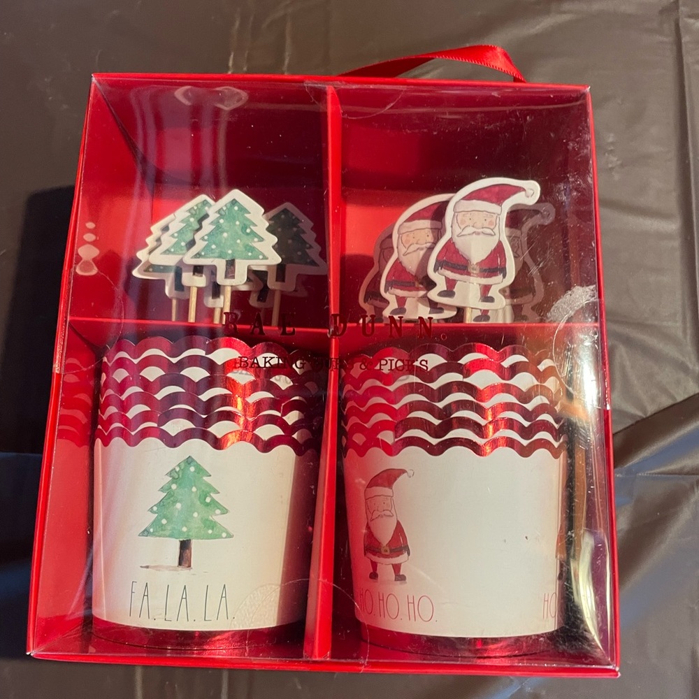 Rae Dunn 12-Piece Baking Cups & Picks.  Christmas with Santa and trees